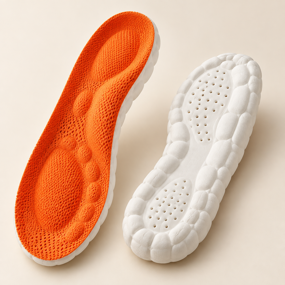 Orange textured insole top and white sculpted underside on an ivory background