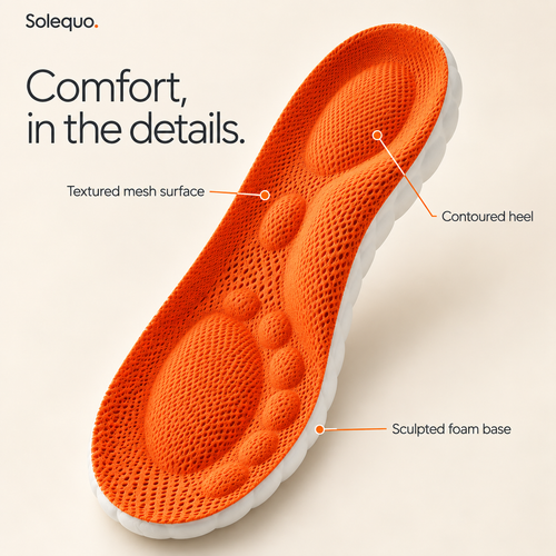 Textured mesh surface, contoured heel and sculpted foam base