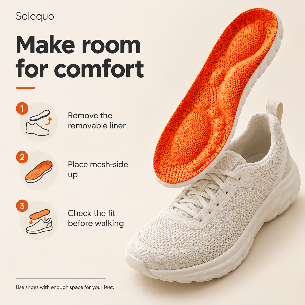 Three steps for placing and checking insoles in shoes