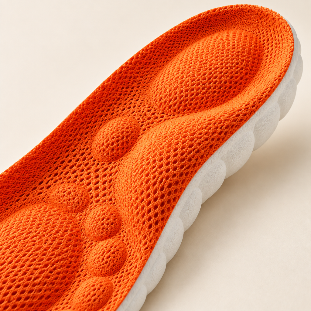 Close-up of orange mesh heel and sculpted white foam