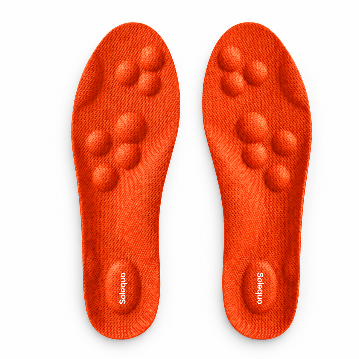 Solequo main orange with raised fabric-covered cushioning and white heel logo