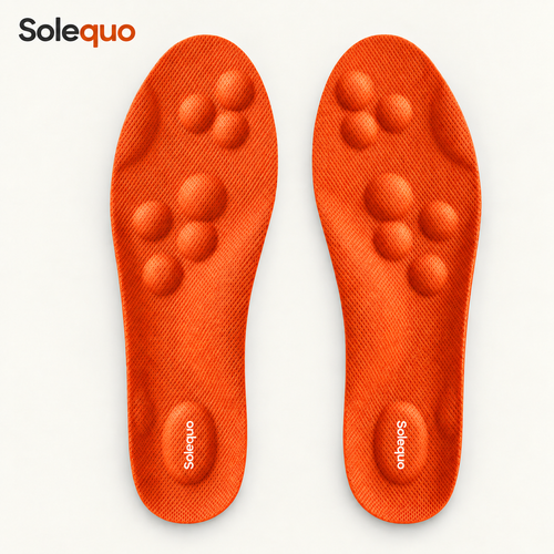 Solequo main orange with raised fabric-covered cushioning and white heel logo