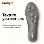 Solequo surface with raised fabric-covered cushioning and white heel logo