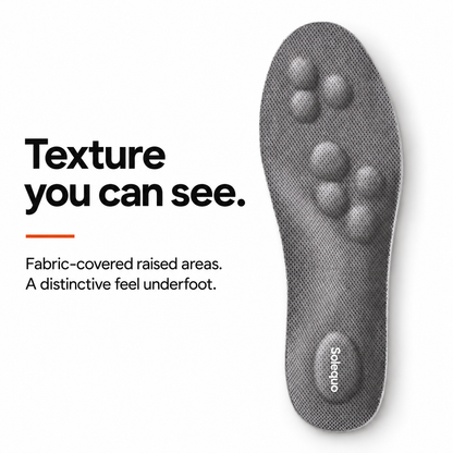 Solequo surface with raised fabric-covered cushioning and white heel logo