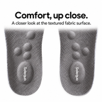Solequo pair detail with raised fabric-covered cushioning and white heel logo