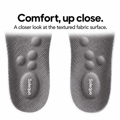 Solequo pair detail with raised fabric-covered cushioning and white heel logo