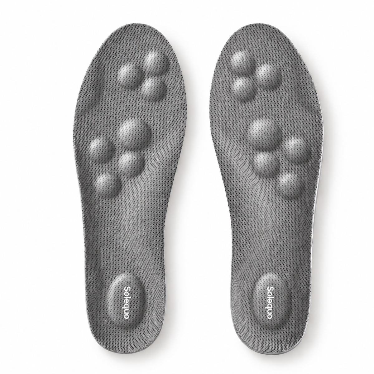 Solequo gray with raised fabric-covered cushioning and white heel logo