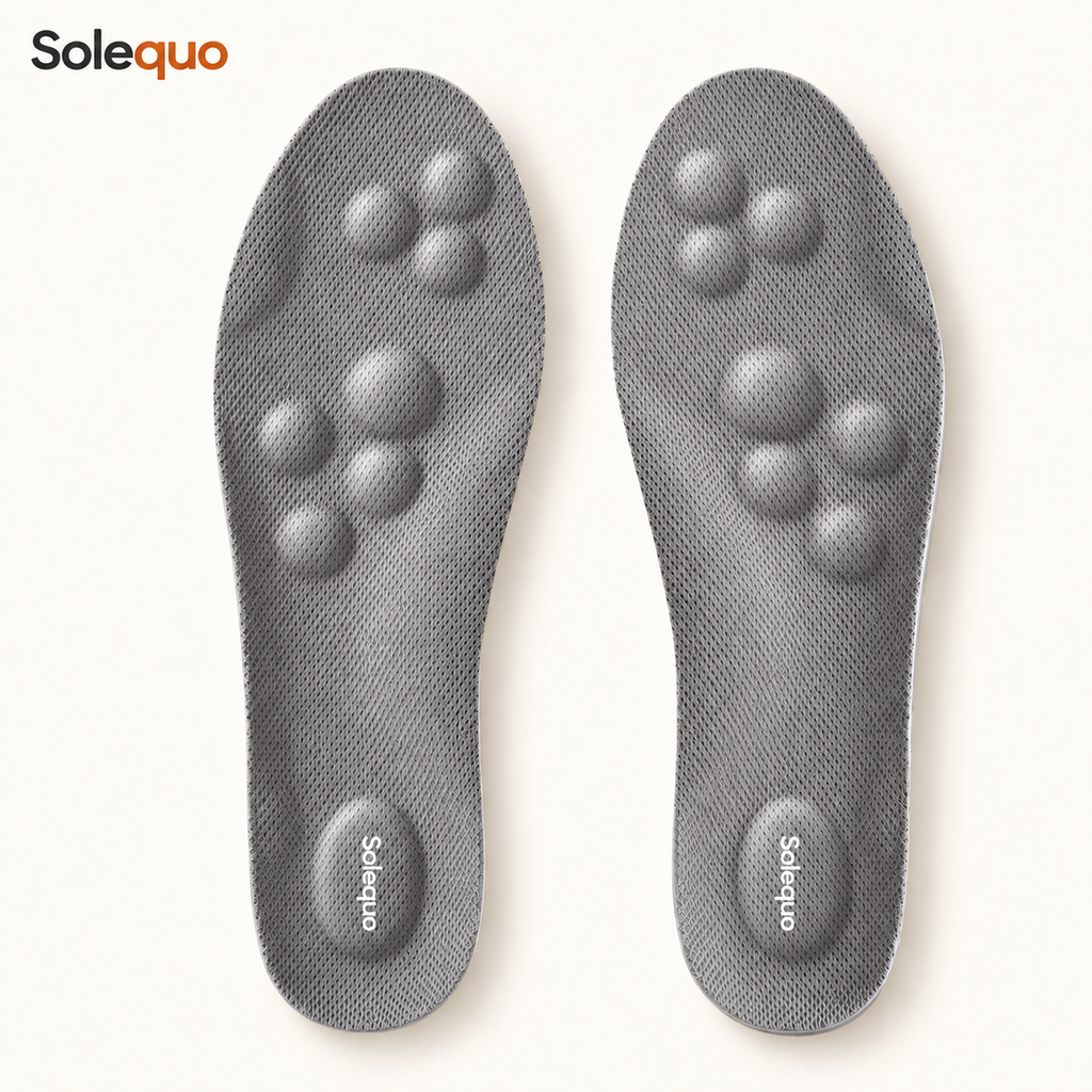 Solequo gray with raised fabric-covered cushioning and white heel logo