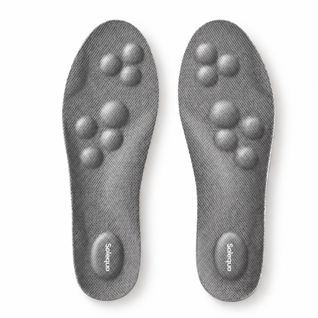 Solequo gray with raised fabric-covered cushioning and white heel logo