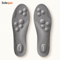 Solequo gray with raised fabric-covered cushioning and white heel logo