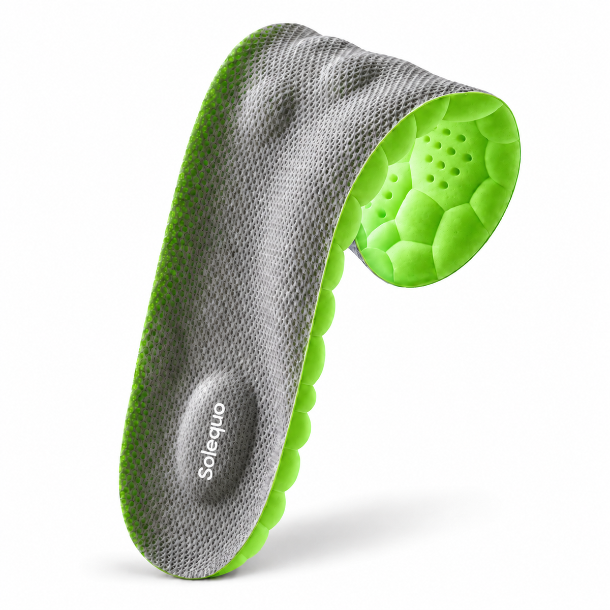 Solequo green with raised cushioning and white heel logo